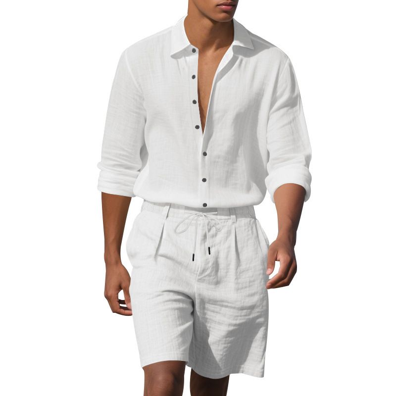 Adatto a tutte le stagioni, completo estivo in lino, due pezzi, stile americano, semplice, da spiaggia, con camicia a maniche lunghe e pantaloncini da uomo._voghion.com