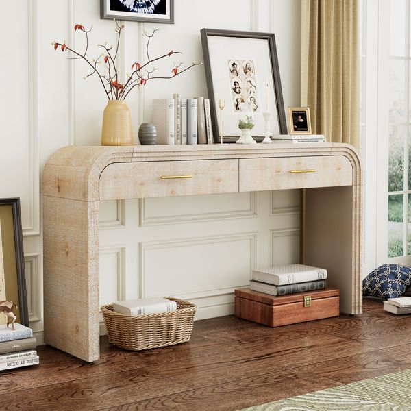 TREXM Unique Retro Silhouette Console Table With Open Style, Two Top Drawers For Entrance, Dinning Room, Living Room (Natural Wood Wash)_voghion.com