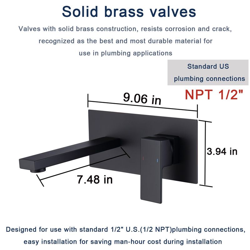 Wall Mount Faucet For Bathroom Sink Or Bathtub, Single Handle 2 Holes Brass Rough-in Valve Included, Matte Black_voghion.com