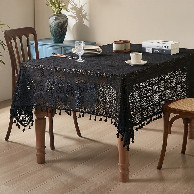 Tovaglia vintage all'uncinetto - Copritavolo in pizzo geometrico 59% cotone per sala da pranzo in stile rustico, antiscivolo e resistente al calore (nero/beige, 8 misure)_voghion.com