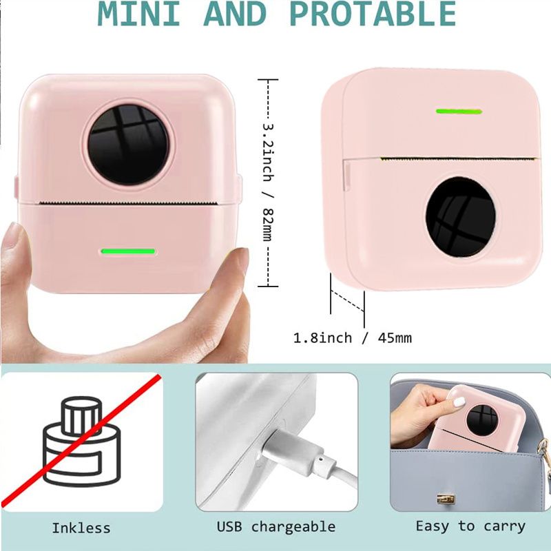 Pocket Printer Trådløs BT termiske printere med 1 ruller printpapir Bærbar blækfri printer til iPhone Mini Sticker Printer med iOS og Android_voghion.com