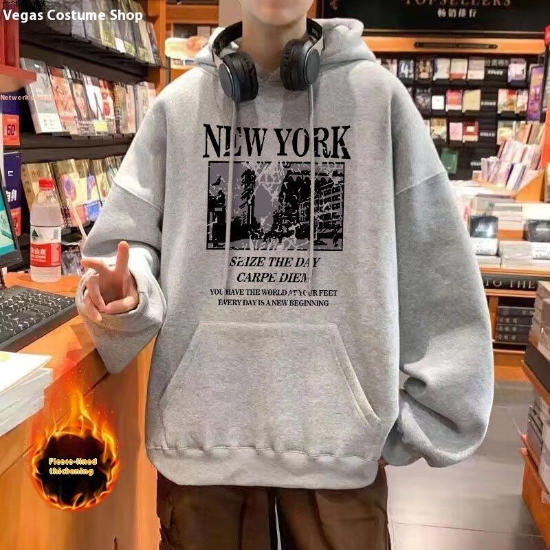 Hoodie with thickened fleece for 2024 autumn winter new style, cool trendy, loose and versatile hooded 12_voghion.com