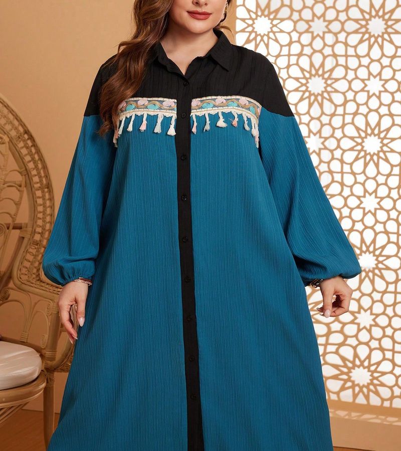 Sukienka maxi w stylu boho plus size z etnicznym nadrukiem – zwiewna tunika z wysokim stanem i długim rękawem dla kobiet, luźny krój, wygodna i stylowa (0XL-4XL)_voghion.com