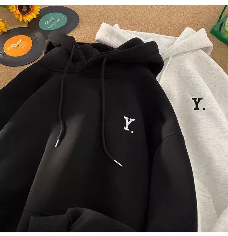 Felpa con cappuccio e stampa di lettere in velluto Silver Fox, versione coreana, stile coppia, giacca sportiva casual autunnale e invernale per uomo_voghion.com