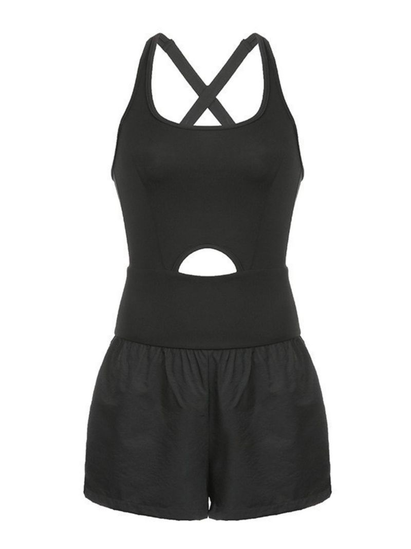 Tweedelige Illusion U-hals afslankende modieuze tanktop met aansluitende shorts, effen kleur, open rug, uitgeholde strakke romper voor dames_voghion.com