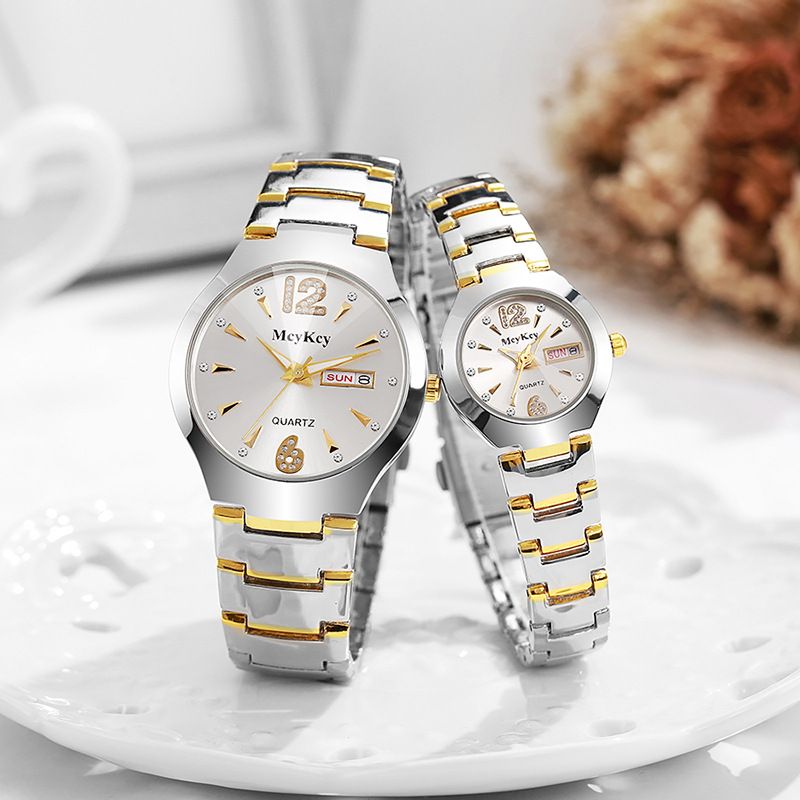McyKcy New Tungsten Steel Watch With Rhinestones, Digital Round Business Quartz Men's Watch, Gold And Silver_voghion.com
