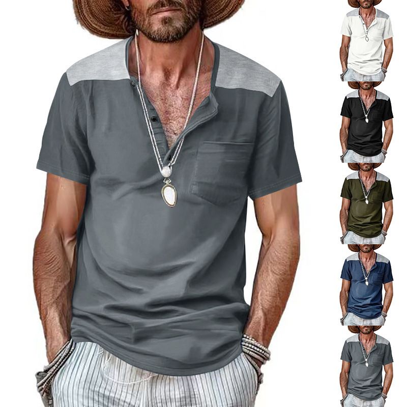 2025 Summer Short Sleeved Men's T-Shirt Trendy Big Collar Color Blocked Thin Henley Top For Men_voghion.com