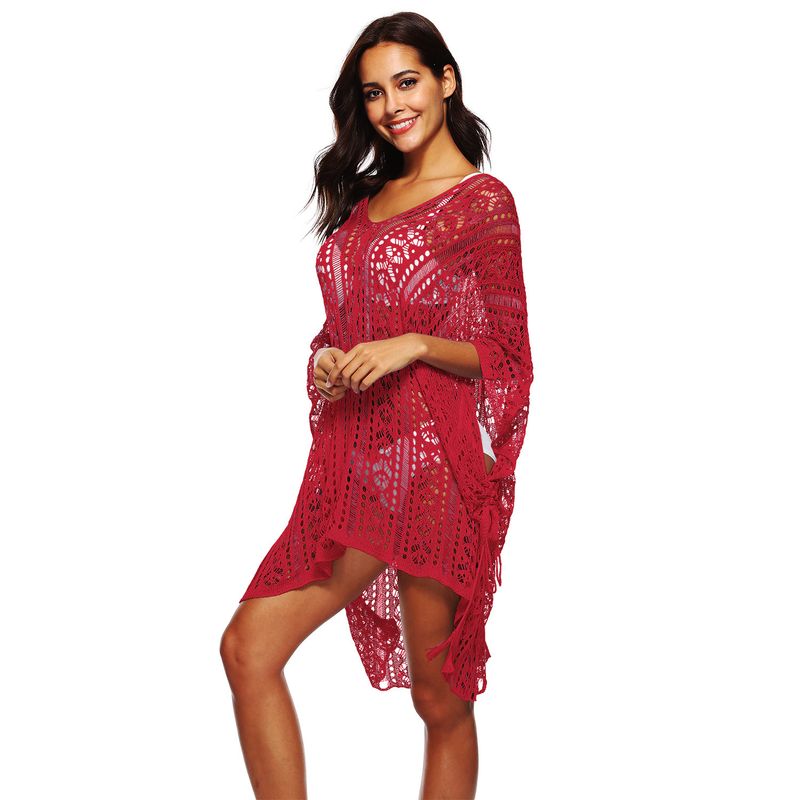 K Lazy Style Bikini Cover-up met V-hals en Bohemian Crochet Mesh-zonbeschermingscrème met vetersluiting._voghion.com