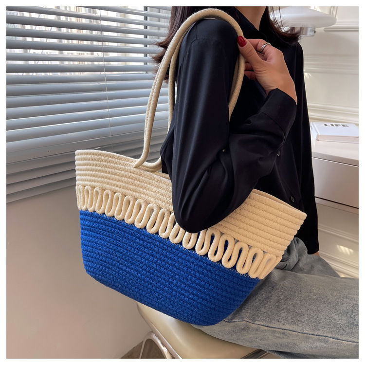 Ühe õlaga õõnestatud puuvillase niidiga uus suvine suure mahutavusega prantsuse õlgedest kootud kott, mereäärne puhkusereisi rannakott_voghion.com