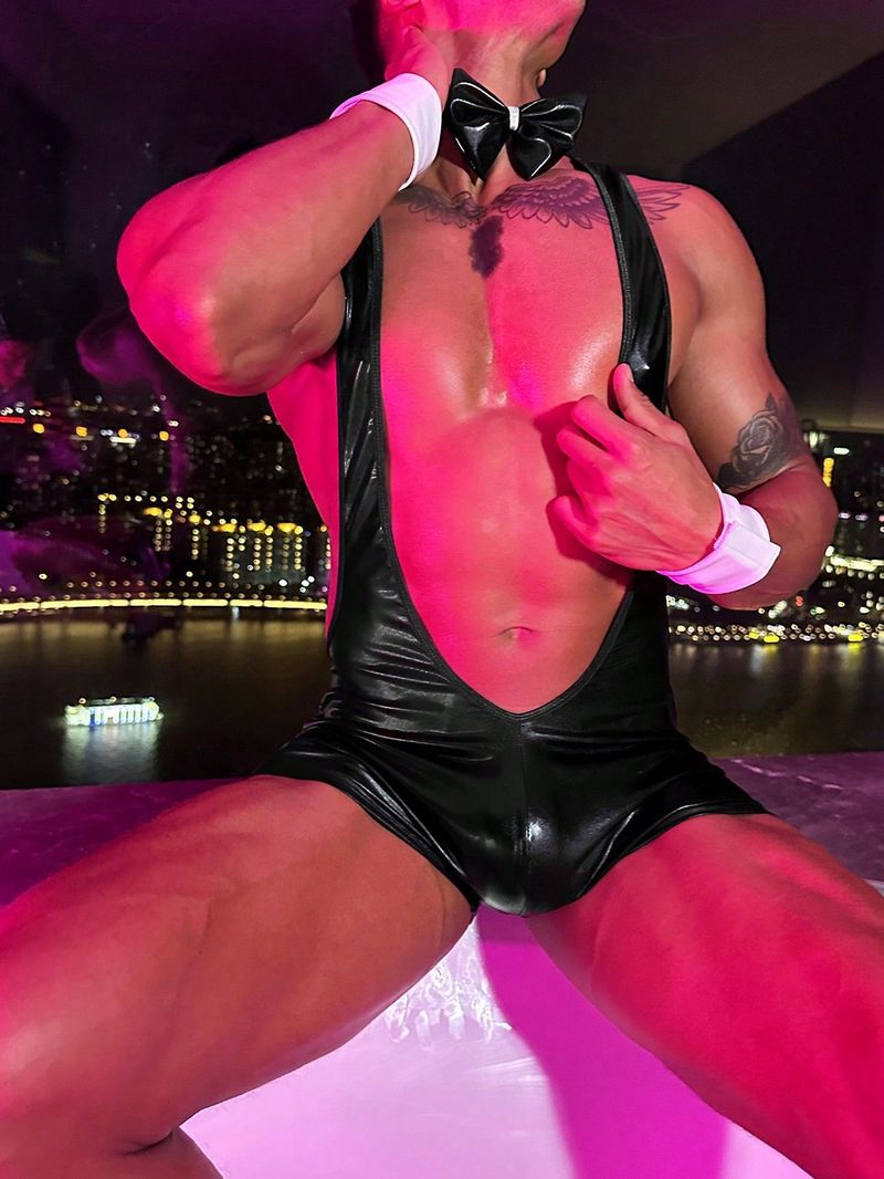 LuvBox Cross-Border European And American Men's Sexy Lingerie Uniform Strap Jumpsuit U-Shaped Design Patent Leather Outfit With_voghion.com