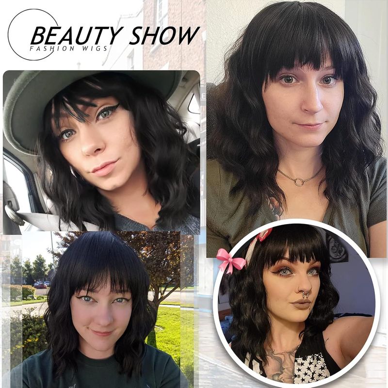 Perruque synthétique courte et ondulée pour femme – Bob noir avec frange et texture ondulée (bonnet intégral résistant à la chaleur)_voghion.com
