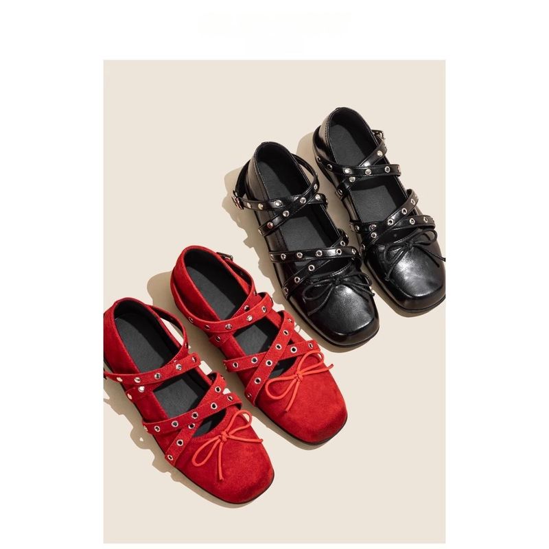 Red Cross Strap Bow Single Shoes 2025 Spring New Shallow Rivet Ballet Flats Versatile Daily Casual Shoes_voghion.com