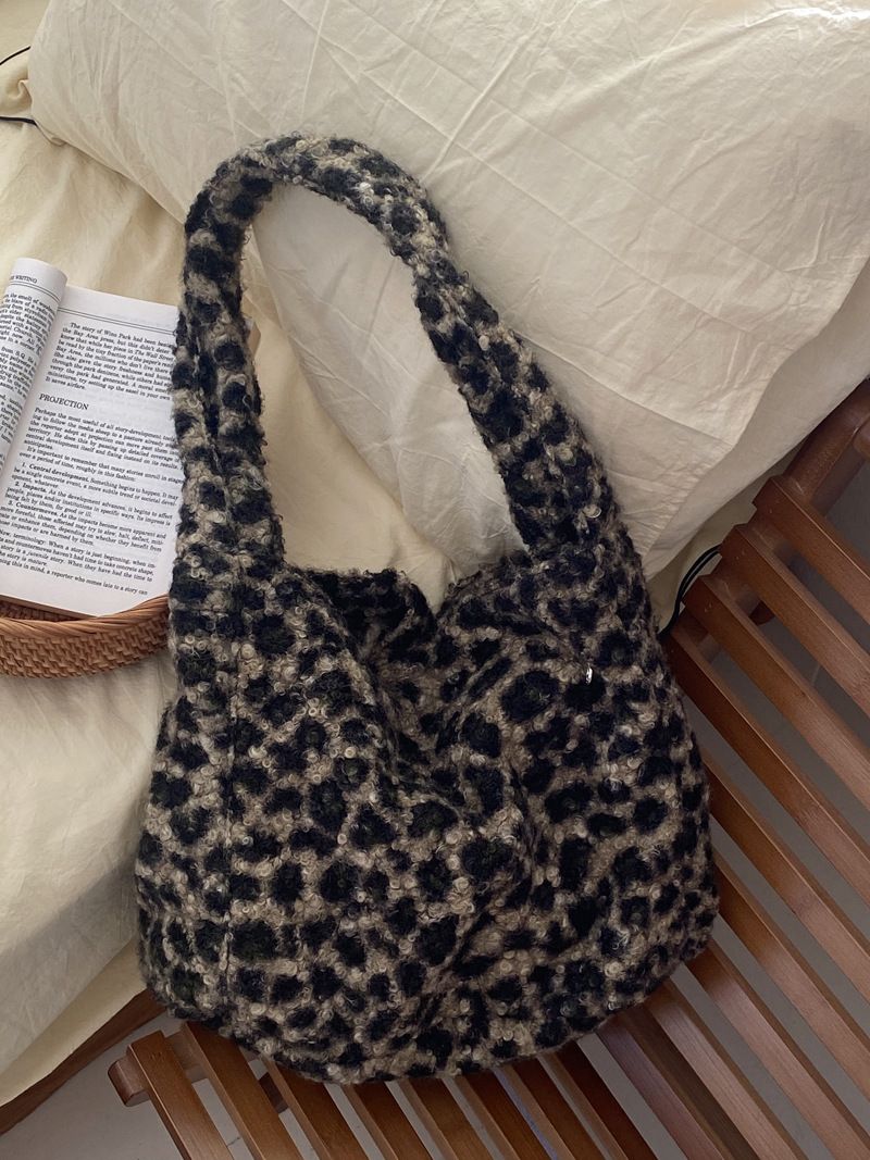 Korean new ins style wool plush large capacity shoulder bag leopard print fur messenger tote bag_voghion.com