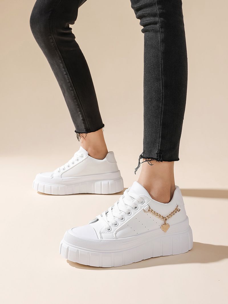 Chaussures pour femmes, nouvelles chaussures pour femmes de grande taille, semelle épaisse, chaussures de sport décontractées, chaussures plates blanches avec chaîne en métal pour femmes_voghion.com
