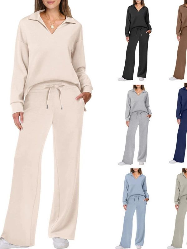 Women's Flowy V-Neck Long Sleeve Top With Drawstring Waist Wide Leg Pants Set – Casual & Elegant Two-Piece Outfit_voghion.com