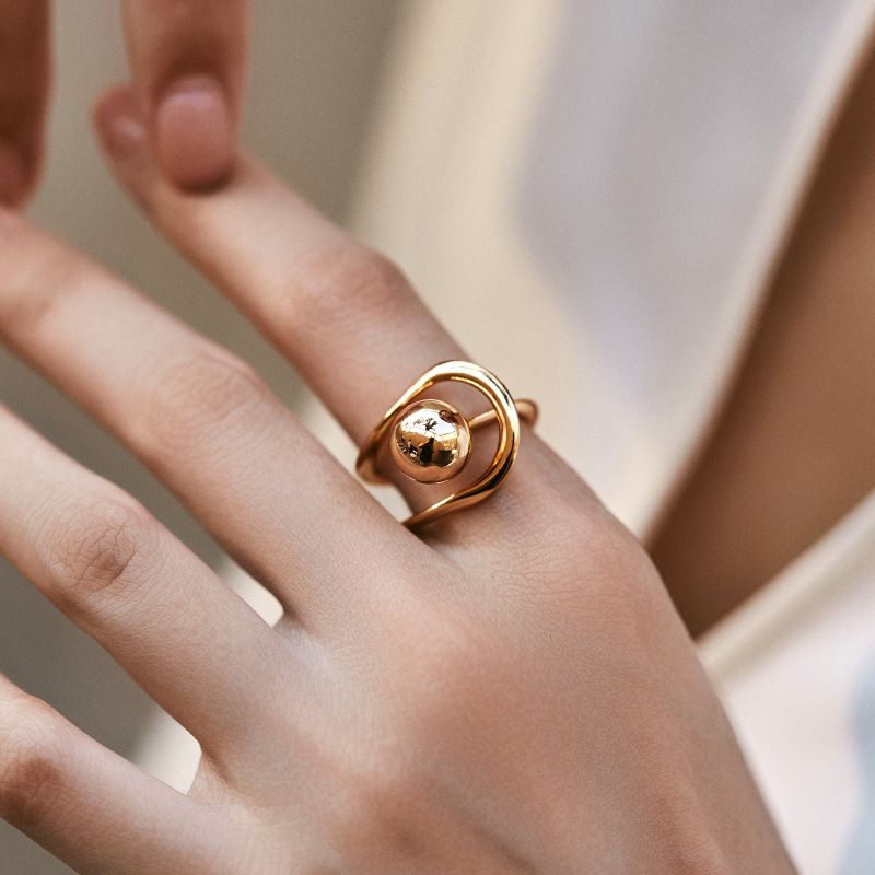 Anello di metallo con pallina portafortuna che preserva il colore, linee geometriche, design semplice, anello alla moda_voghion.com
