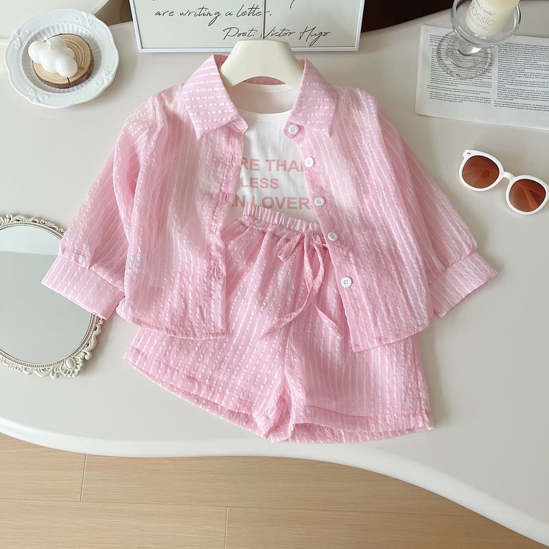 2024 Sommer Neue Koreanische Ausgabe für Mädchen Insektensichere Sonnenschutzkleidung Langarmshorts 3-teiliges Set 24213_voghion.com