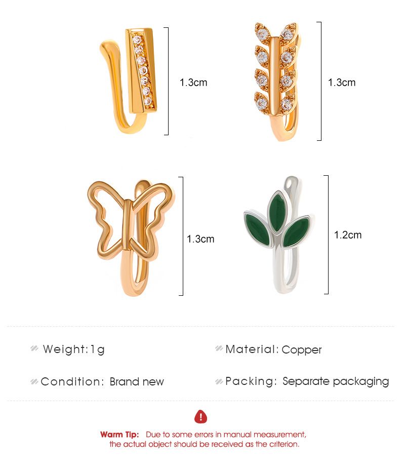 punch-free nose clip nose ring copper inlaid Zircon U-shaped leaf butterfly nose nail piercing jewelry_voghion.com
