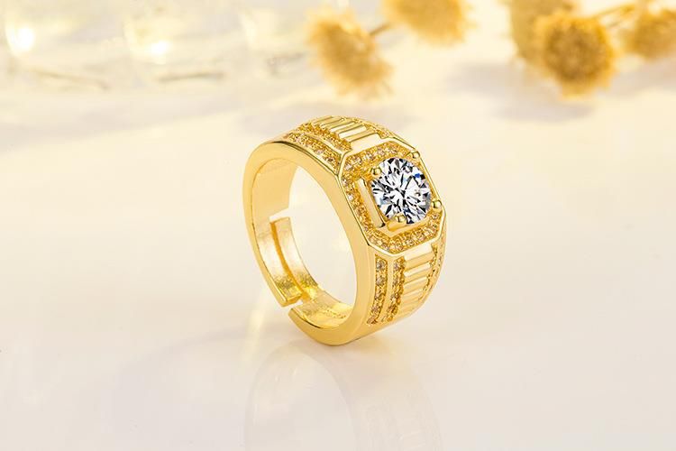 Vergulde, dominante, volle diamanten ring, zakelijke herenring, kleurbehoudende verlovingsring met dubbele rij diamanten_voghion.com