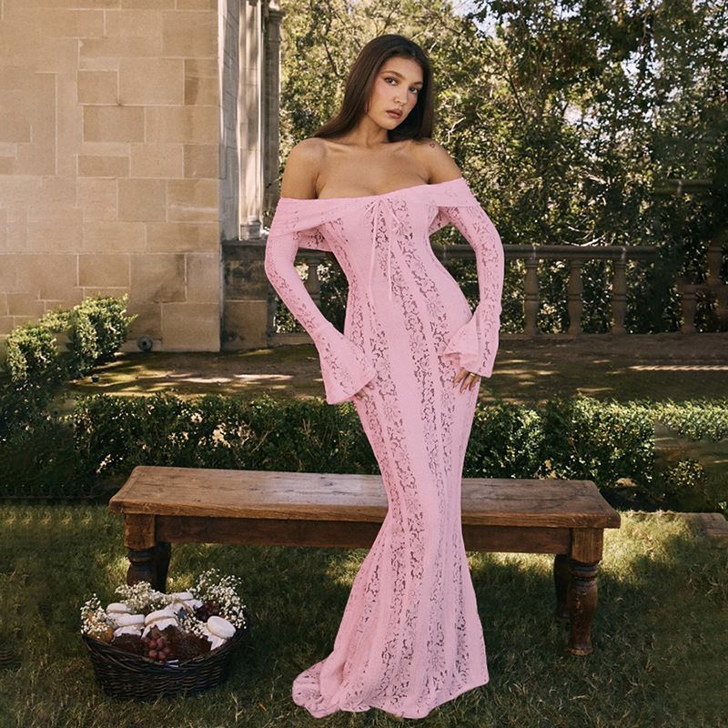 Women's Clothing Off-Shoulder Lace Mermaid Dress – Long-Sleeve Sexy Bodycon Gown (White/Black/Pink/Beige)_voghion.com