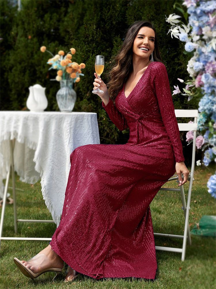 Abito da sera a sirena con scollo a V e maniche lunghe da donna_voghion.com