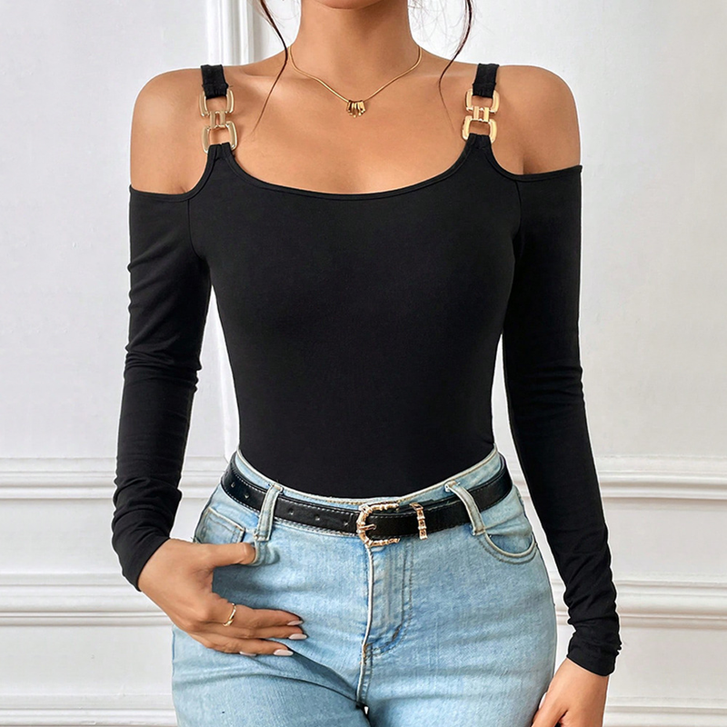 Camicetta da donna con temperamento slim tinta unita in filo di maglia a maniche lunghe con gancio in metallo_voghion.com