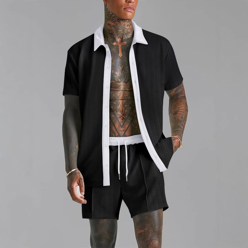 Men's Clothing Off Shelf Men's Casual Color Matching Short Sleeved Shirt Comfortable Shorts Two Piece Set_voghion.com