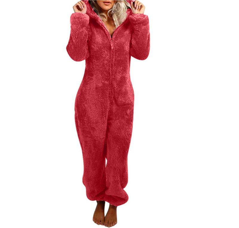 Women's Autumn And Winter Fleece Thickened Fluffy Jumpsuit Home Hooded Bear Pajamas_voghion.com