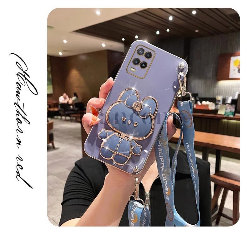 Crossbody Lanyard Plating Phone Rabbit Holder Case For OPPO A54 A55 A16 A16K A15 A17 A83 A74 A76 A72 A57 A53 A77 A92 A52_voghion.com