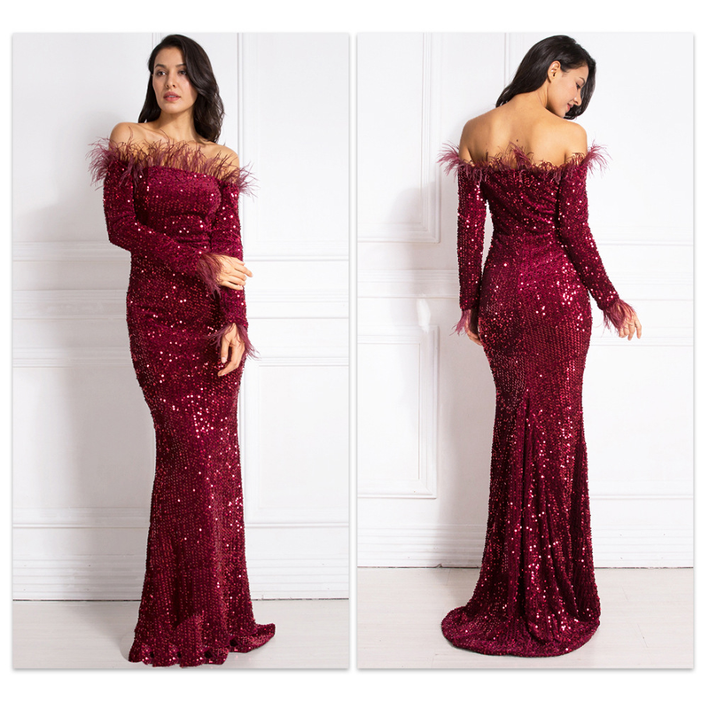 Abito da sera abito da sera a sirena con spalle scoperte sexy in velluto elasticizzato con paillettes a maniche lunghe_voghion.com