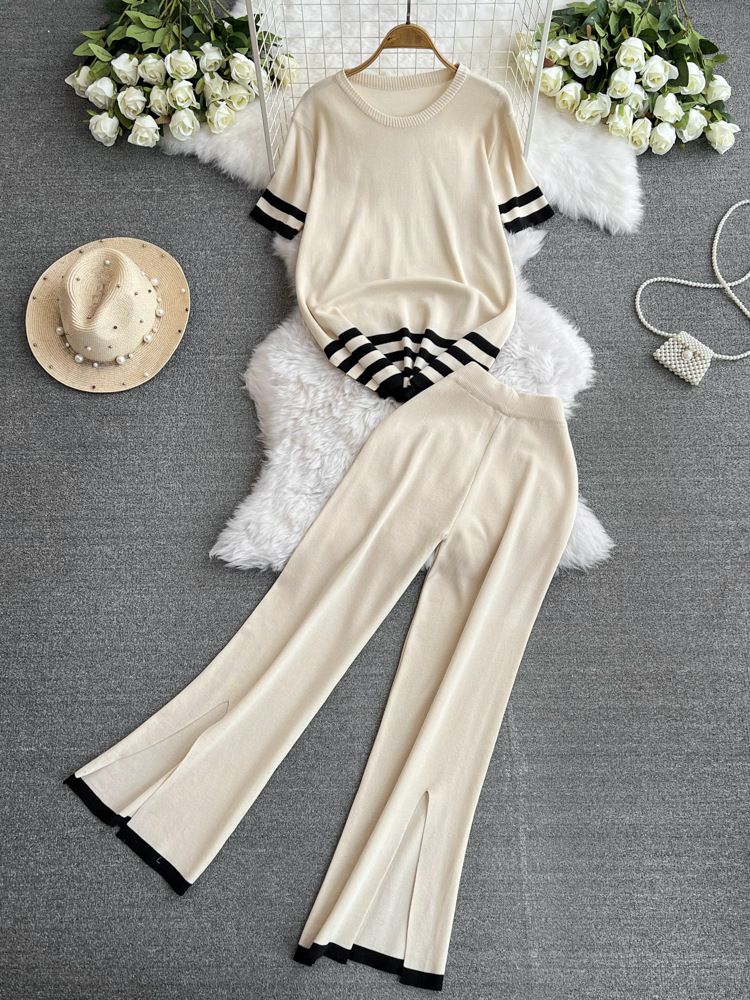 2024 Nuevo traje de moda para mujer primavera estilo coreano cuello en V suelto contraste de color tejido de dos piezas cintura alta pantalones de pierna ancha_voghion.com