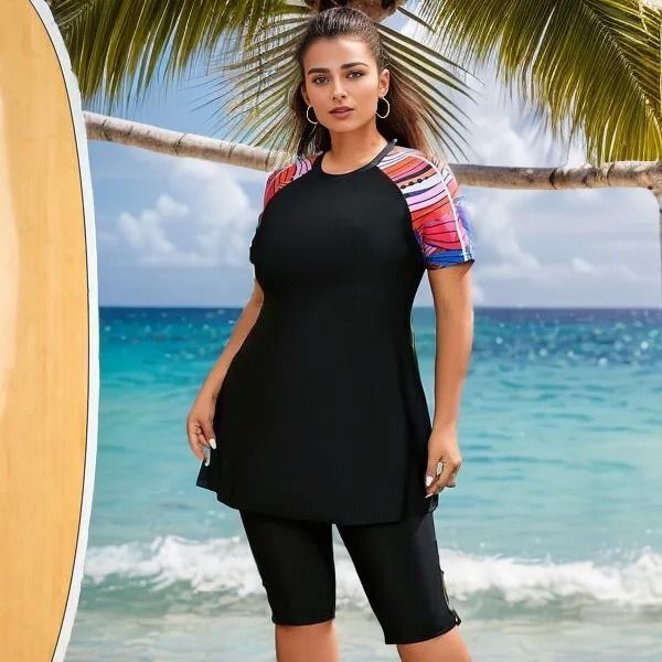 Neuer zweiteiliger Badeanzug mit Rock in Übergröße für Damen, lässig, konservative Boxer-Bademode, Sonnenschutz, atmungsaktiv_voghion.com