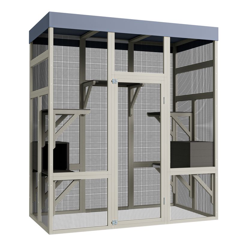 62.6" Outdoor Wooden Catio For Cats, Large Cat Enclosure With Waterproof Roof, 2 Cat Houses & Platforms, Secure Rust-Proof Wire Pet Cage For Patio Or Backyard_voghion.com