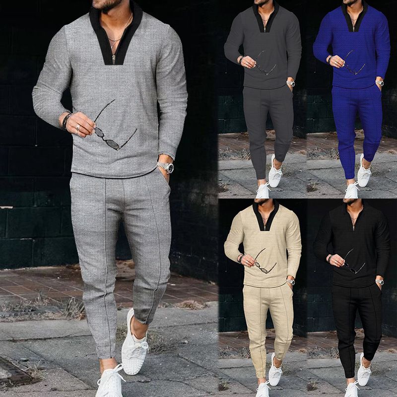 Conjunto de gola alta patchwork de manga comprida waffle, moda esportiva masculina casual com zíper_voghion.com