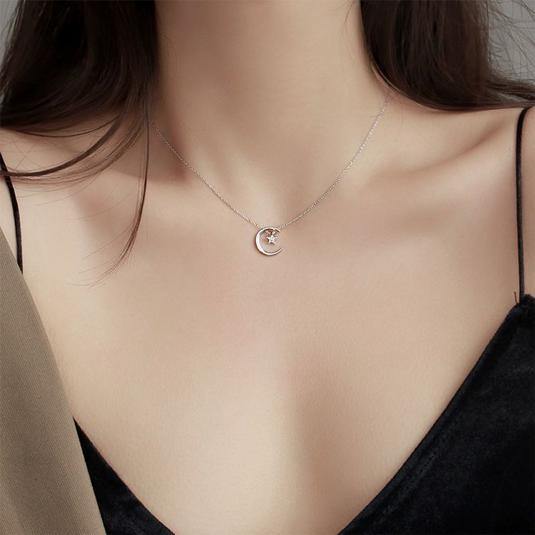 Collana con stella e luna per donna, argento puro, ciondolo dal design di nicchia, stile Ins, semplice e alla moda, clavicola leggera e lussuosa_voghion.com