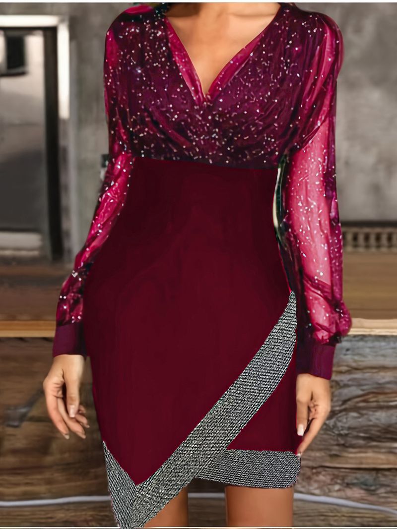 Elegante abito aderente a maniche lunghe con scollo a V in rete e paillettes per donna - Inserto trasparente sexy, vestibilità lusinghiera, versatile per l'ufficio e la sera_voghion.com