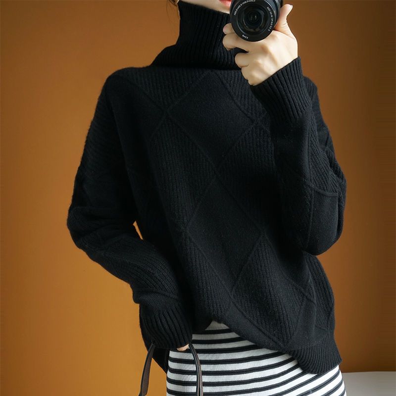 Maglione pullover da donna autunno e inverno nuovo, spesso, caldo, alla moda, lavorato a maglia, in lana, con collo alto DF4845_voghion.com