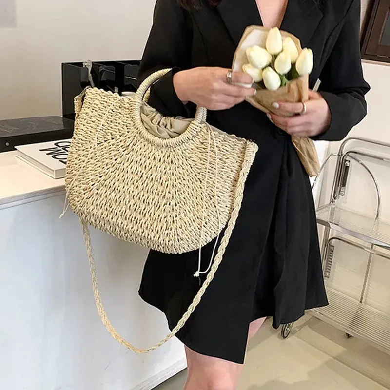 Strohgewebte Handtaschen für Frauen, handgefertigt, für Reisen, Strandtasche, Sommergriff, Eimer, Einkaufskorb, 250225l_voghion.com