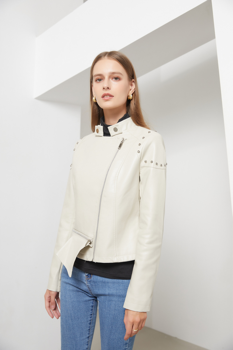 Giacca in pelle con rivetti da donna, nuova moda 2021, con colletto rialzato, tinta unita, primavera e autunno_voghion.com