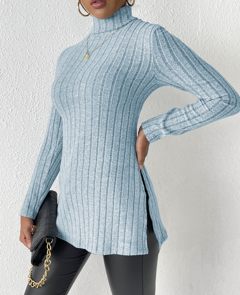 Women's turtleneck pullover slit slim-fit base pit striped medium length_voghion.com