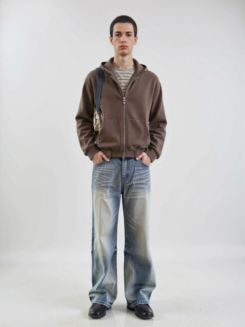 Men’s Washed Blue Wide-Leg Jeans – 3D Whisker & Honeycomb Cleanfit, A-Line Loose Denim Pants_voghion.com