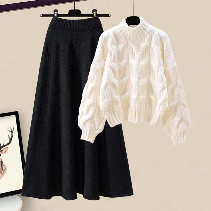 Elegant Autumn Knit Sweater & Skirt Set - Soft Stretch Jersey Fabric, Flowy Midi Skirt, Versatile Color Options (Beige, Yellow, Red, Blue, Black)_voghion.com