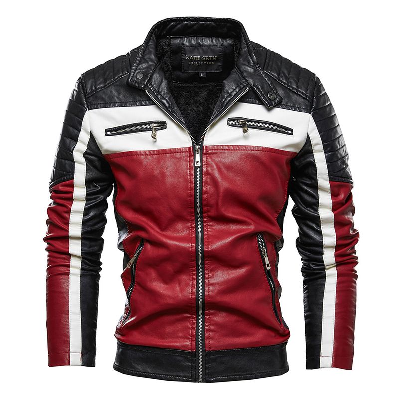 Suitable For All Seasons Fleece-Lined Men's Outerwear Youth Motorcycle Double Color Block Fashion Leather Jacket Men_voghion.com