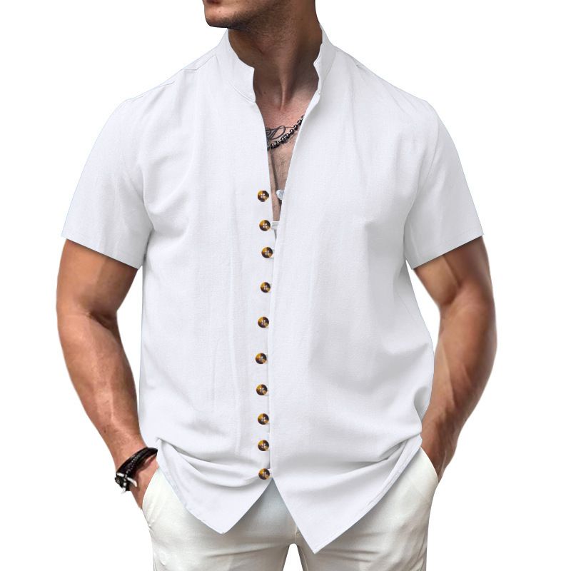 Maglietta da uomo nuova, vintage, in lino, con bottoni, colletto e maniche corte_voghion.com