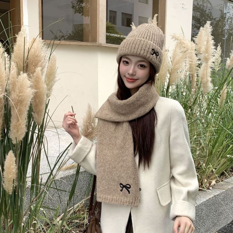 Winter schattige strik geborduurd gebreide veelzijdige warme nek sfeer sjaal muts tweedelige set_voghion.com