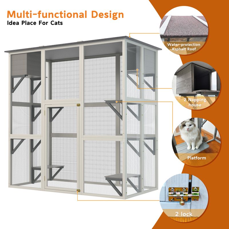 Gray Wooden Outdoor Catio Cat Enclosure With Weatherproof Asphalt Roof, Large Walk-in Cat House With 6 Platforms & 2 Napping Boxes, Solid Wood Cat Cage Kennel Condo Playpen For Patio_voghion.com