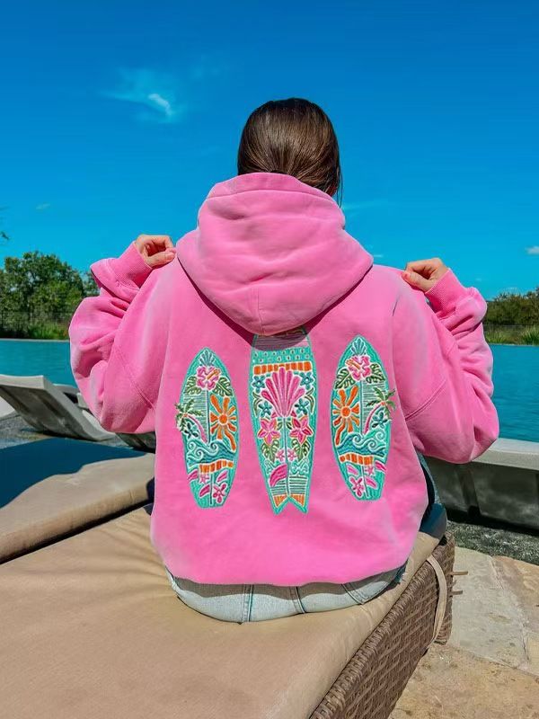 Women's Casual Hoodie With Hawaiian Hibiscus Print, Drop Shoulder Long Sleeve Pullover Sweatshirt, Breathable Polyester Fabric,_voghion.com