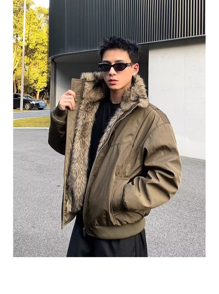 Herbstliche amerikanische Fliegerjacke mit Bergadler-Pelzkragen, gefüttert mit Baumwolle, Winterjacke mit dicker Verarbeitung_voghion.com