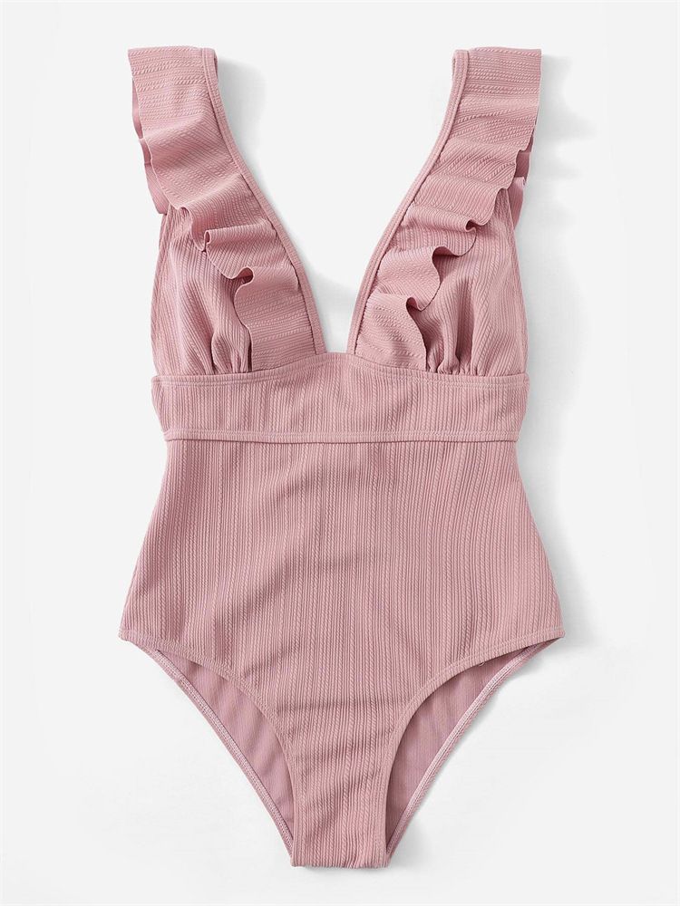 Maillot de bain une pièce à volants pour femme, couleur unie, multicolore, rayé, sexy_voghion.com