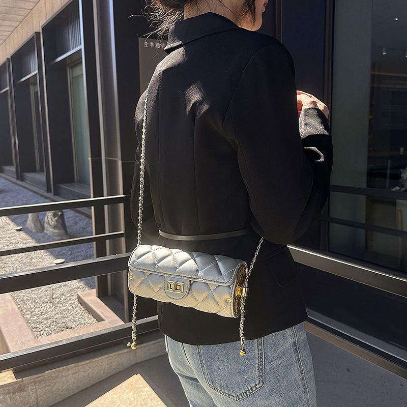 Borsa a tracolla monospalla con catena a cilindro con reticolo geometrico, borsa per cellulare, alla moda e versatile_voghion.com